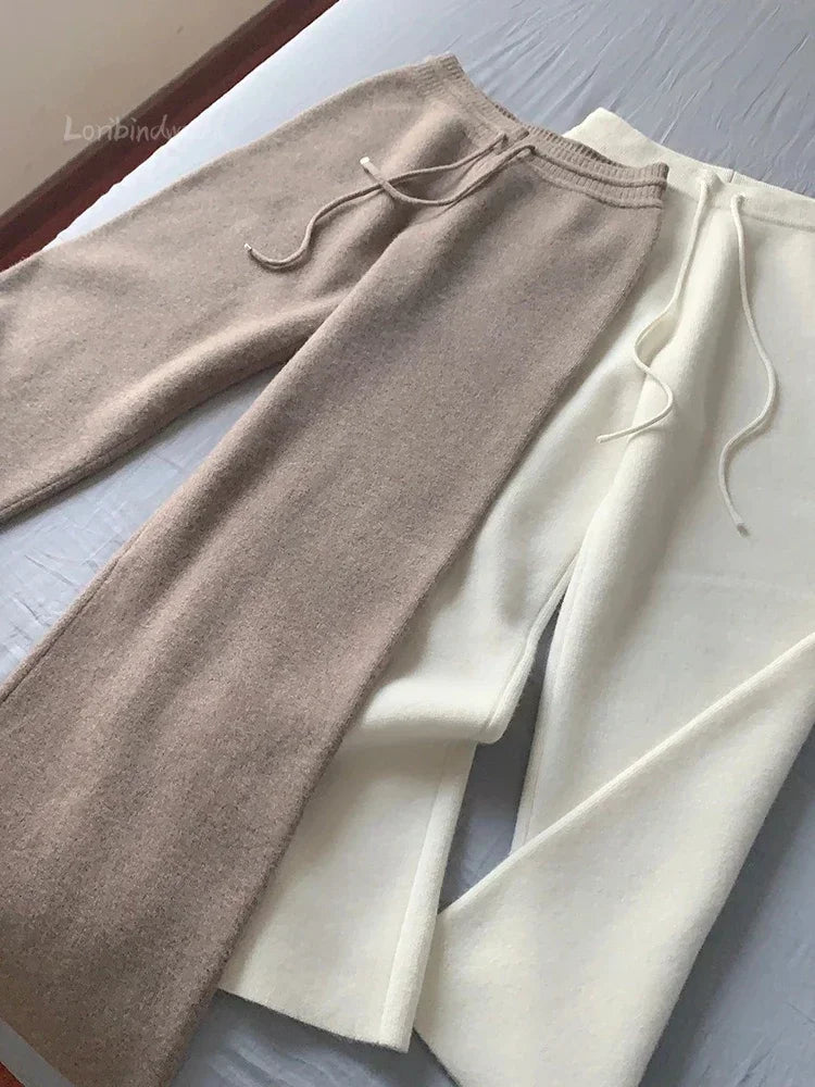 Autumn and Winter New High-waisted Loose Wool Knitted Wide-leg Trousers for Women To Wear Straight Leg Wide-leg Moped Trousers RT220
