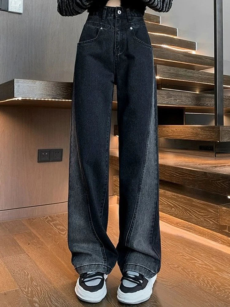 Woman High Waist Jeans Lady American High Street Patchwork Straight Leg Pants Girls Black Gray Contrast Color Wide Leg Trousers RT220