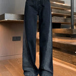 Woman High Waist Jeans Lady American High Street Patchwork Straight Leg Pants Girls Black Gray Contrast Color Wide Leg Trousers RT220