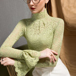 Women Paisley Flower Lace Shirt S-2XL Stretch Turtleneck Bell Sleeve Blouse Tops Pink Blue Coffee Green Fashion Ladies Blouses RT220