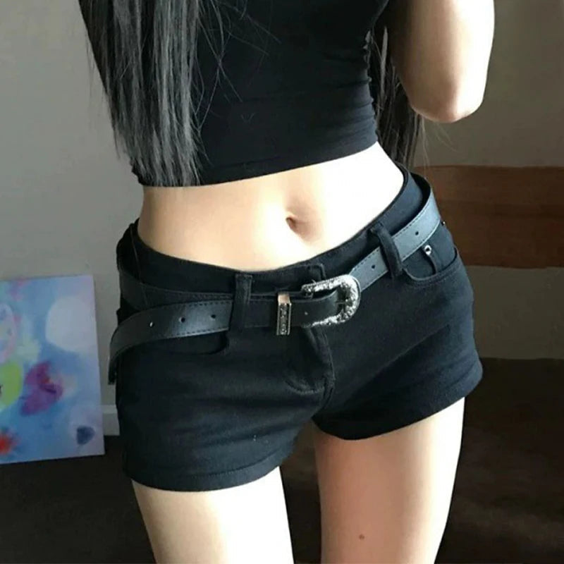 Y2k Black Sexy Gothic Denim Shorts Women Skinny High Street Low Waist Summer Streetwear Chic Punk Style Fashion Hotsweet Ladies RT220