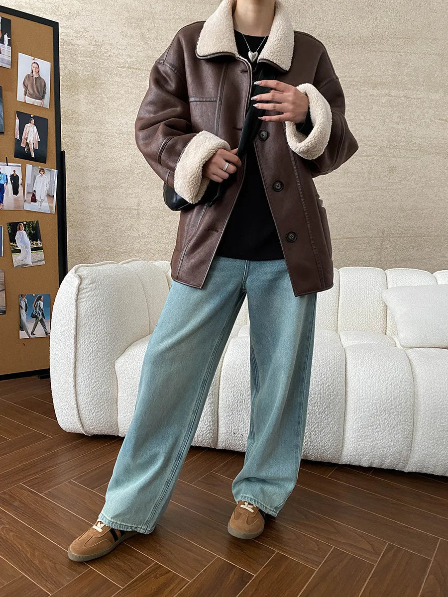 [LANMREM] Faux Fur Thick Warm Coats Lapel Single Breasted Office Lady Elegant Female Outwear Fashion 2025 Winter New 26C1095 RT220