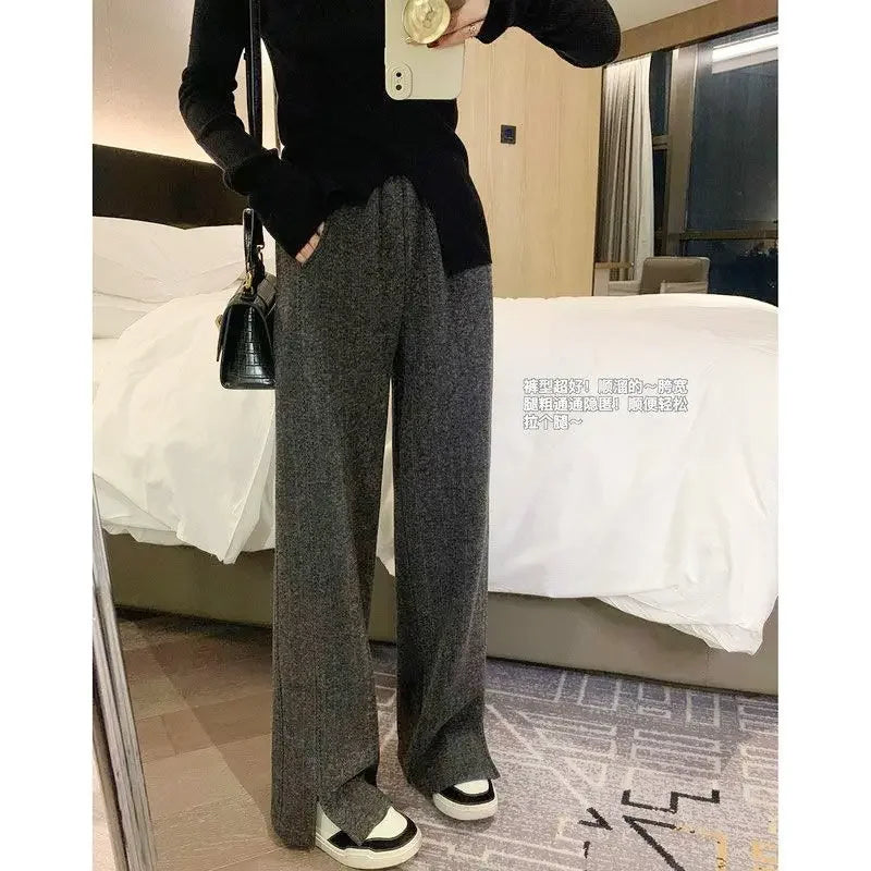 Women Pants Autumn Winter Thickening High Waisted Wool Wide Leg Pants Women Fashion Chevron Lengthening Leg Opening Floor Length RT220