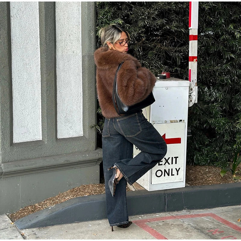 Luxury Lapel Faux Fur Short Coat For Women Casual Fluffy Full Sleeve Warm Female Jacket Autumn Winter Lady Commuter Outerwears﻿ RT220