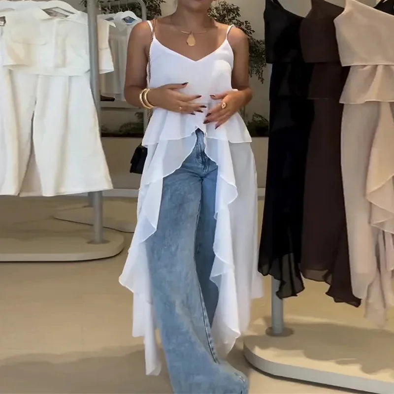 Women Ruffles Long Shirts Dress Summer Elegant Solid Sleeveless Blouse Ladies Casual 2025 Beach V Neck Backless Top Femme Blusas RT220