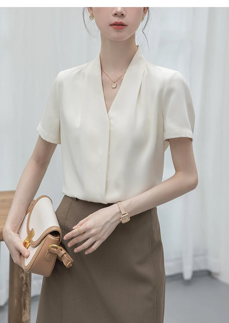 2025 Fashion Summer Short Sleeve V-Neck Women Blouse White Blouse Shirt Women Tops Blouses Shirts Blusas Para Mujer Camisas XL86 RT220