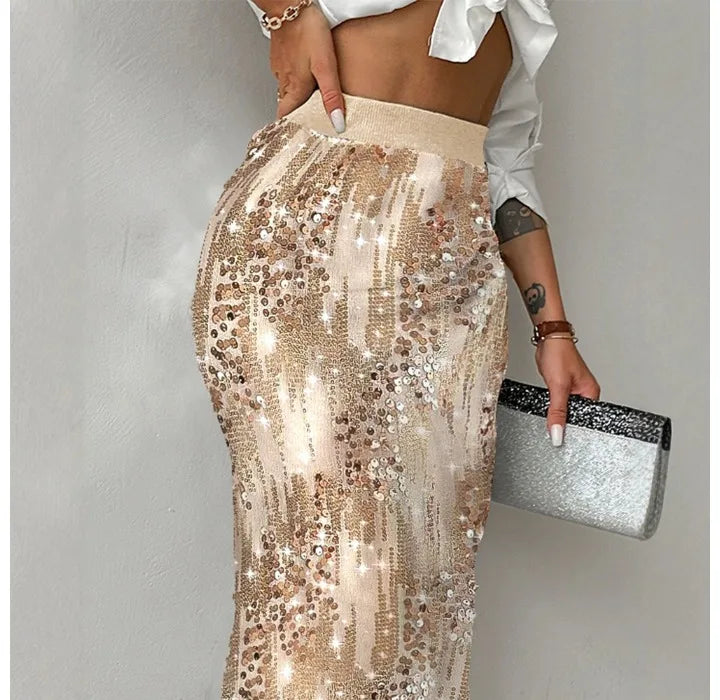 Elegant Mini Dresses Women Fashion Dress Version Sparkling Elastic Waist Side Split Casual High Waist Party Half Skirt 2024 Fall RT220