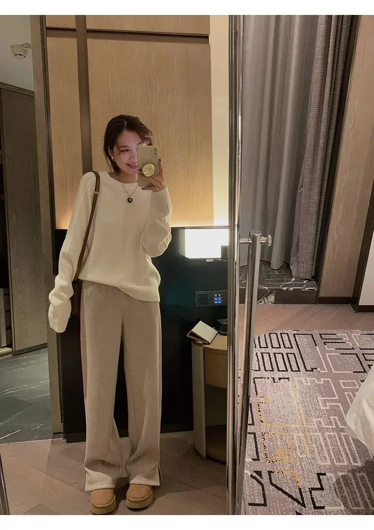 Women Pants Autumn Winter Thickening High Waisted Wool Wide Leg Pants Women Fashion Chevron Lengthening Leg Opening Floor Length RT220