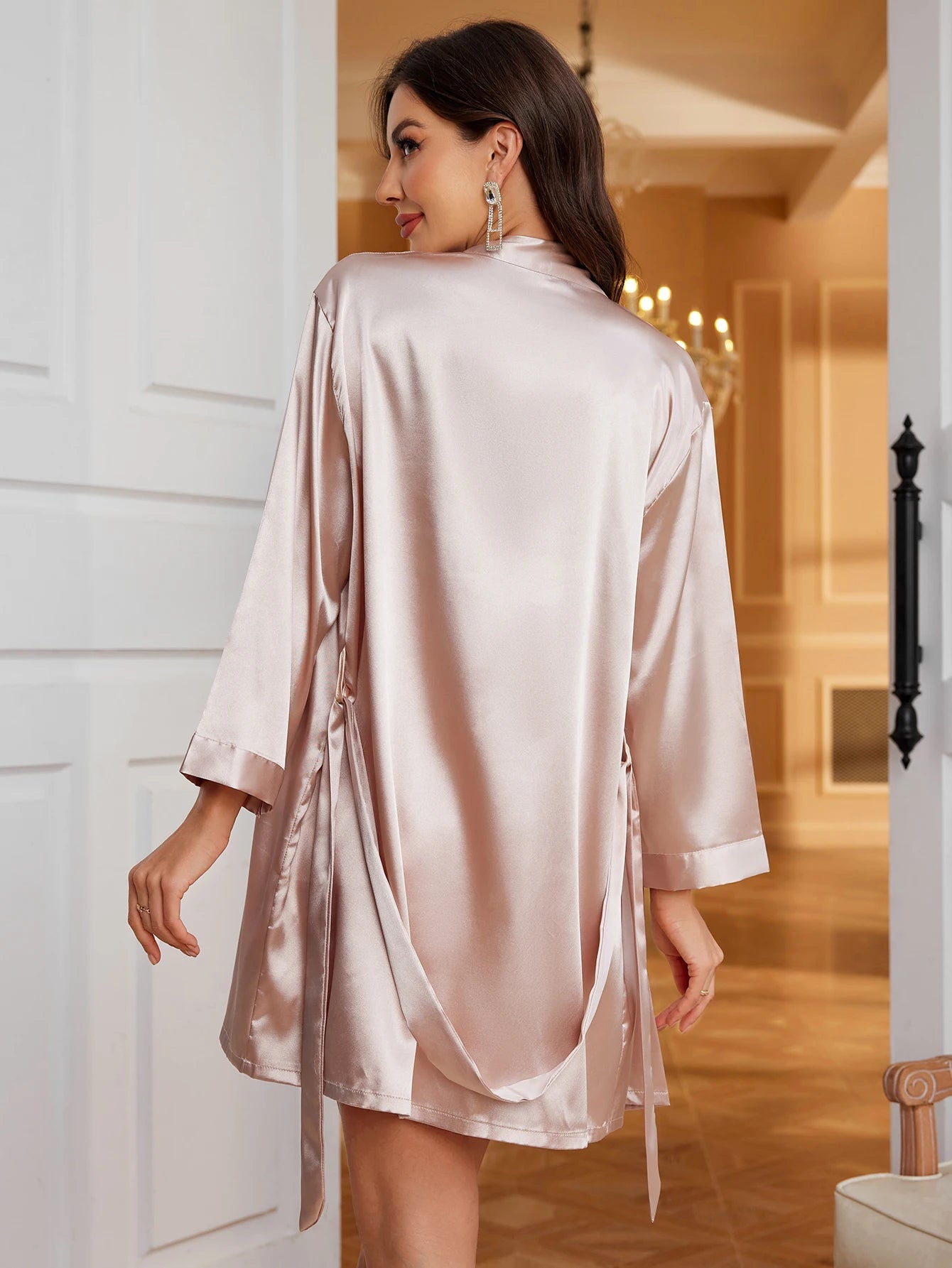 Women's Satin Lace Trimmed Pajama Set Sexy Cozy Two Piece Pajama Set Home Wear For Fall/Winter RT220