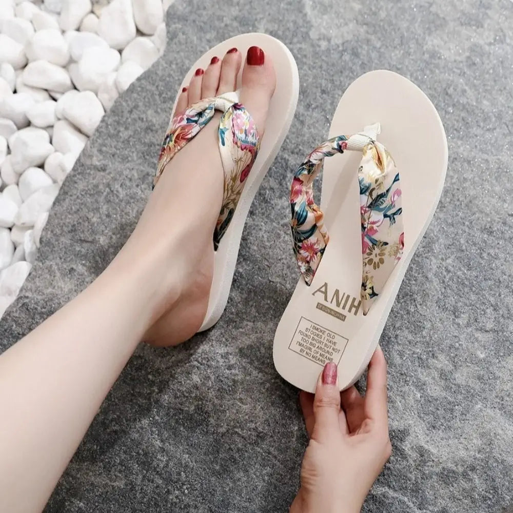 Summer EVA Beach Platform Slippers Wedge Sandals 3/5.2cm Heel High Fashion Casual Satin Printing Vacation Women's Slippers RT220