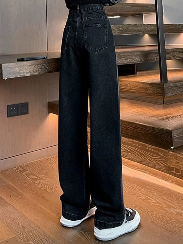 Woman High Waist Jeans Lady American High Street Patchwork Straight Leg Pants Girls Black Gray Contrast Color Wide Leg Trousers RT220