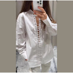 Fashion White Lapel Oversize Long Sleeve Shirts 2025 Spring New Weave Drawstring Blouse Lady Holiday Beach Street Chic Loose Top RT220