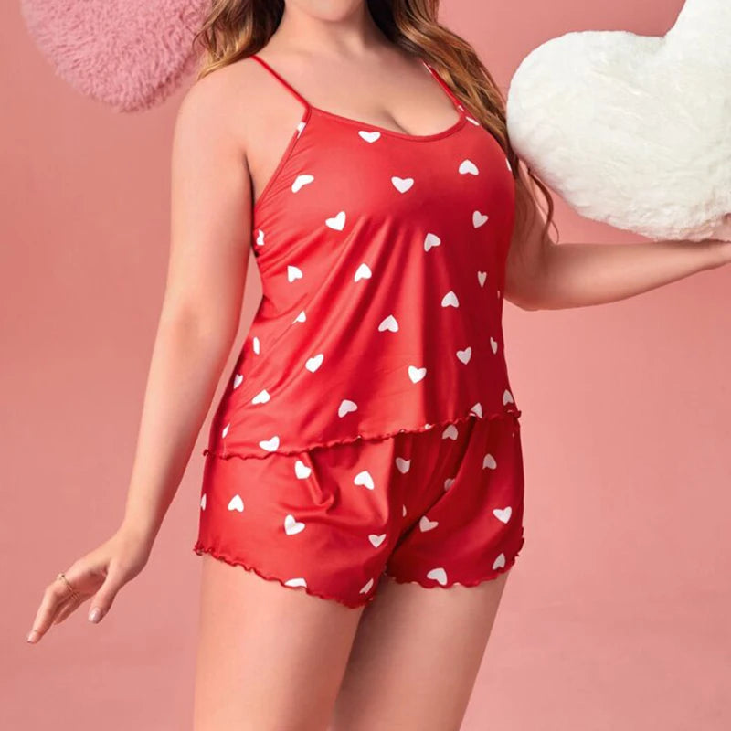 Plus-Size XL-5XL Women Pajama Set Nightgowns Cami Shorts Nightclothes  Sleeveless Nightwear Red Love Print Soft Sleepwear Summer RT220