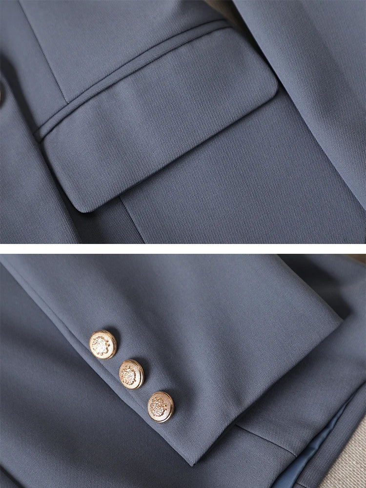 Gray Black Blue White Fashion Women Pant Suit Long Sleeve Solid Ladies Blazer and Trouser Formal 2 Piece Set For Autumn Winter RT220