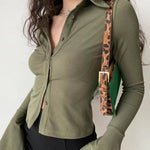 Sexy Slim Flared-sleeve Shirt Polo Collar Lapel Five-color All-match Women's Slim Stretch Long-sleeved Top Women Shirts Blouses RT220