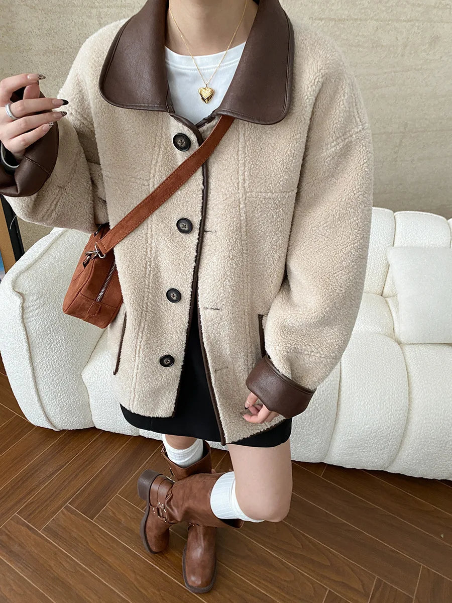 [LANMREM] Faux Fur Thick Warm Coats Lapel Single Breasted Office Lady Elegant Female Outwear Fashion 2025 Winter New 26C1095 RT220