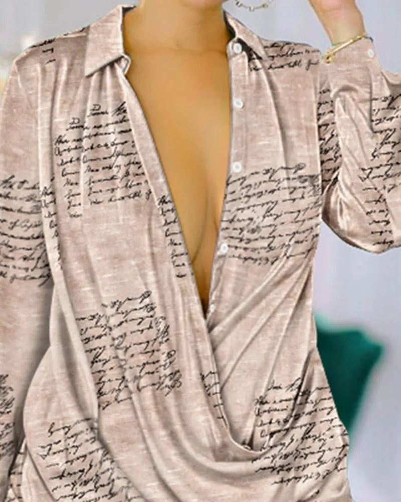 Women Urban Blouses 2024 Spring Summer Hot Selling Sexy Deep V-Neck Fashion Printed Long Sleeved Shirt Dress Loose Versatile Top RT220