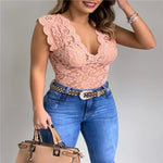 Sexy Deep V Neck Sleeveless Lace Blouse Shirts Summer Fashion Women Lace Patchwork Pullover Tops XCDZ-540738 RT220