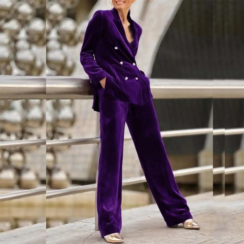 Luxury Purple Women's 2 Piece Sets Suits Chic Double Breasted Peak Lapel Slim Fit Jacket Pants Outfits Velvet Office Blazer 2025 RT220