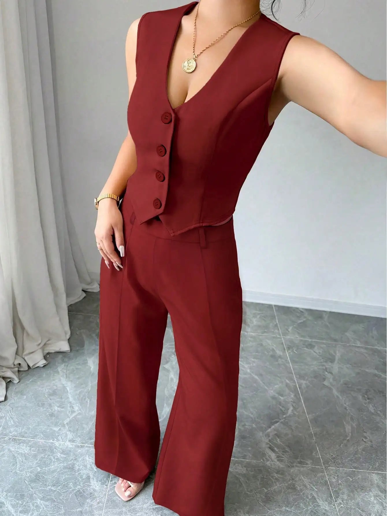 Women's 2Pcs Red Date Night Front Buckle V-Shaped Hem Solid Button Front Vest Jacket & Seam Front Pants Two Piece Set RT220