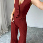 Women's 2Pcs Red Date Night Front Buckle V-Shaped Hem Solid Button Front Vest Jacket & Seam Front Pants Two Piece Set RT220