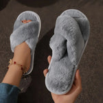 Women’s Cross Band Fur Slippers Indoor Furry Fuzzy Open Toe Shoes Home Cozy Warm Slides Double Straps Slipper Soft Sole Non Slip RT220