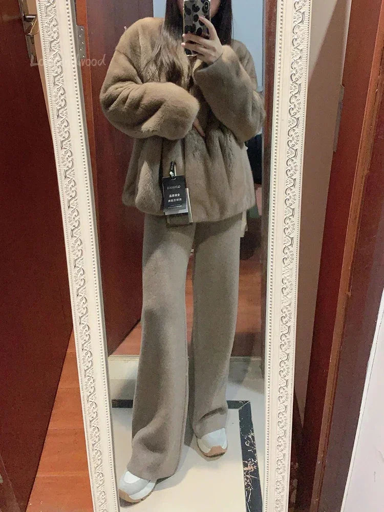 Autumn and Winter New High-waisted Loose Wool Knitted Wide-leg Trousers for Women To Wear Straight Leg Wide-leg Moped Trousers RT220