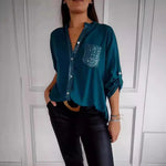 Casual Loose Sequins Patchwork Shirt Blouse Women Fashion Button Long Sleeve Shirts For Women Spring Autumn Pocket Tops Femme RT220