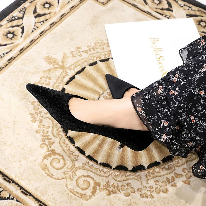 Western Style Fashion Simplicity Party Women Shoes 4.5cm Thin Heels Mid-heels Shallow Pointed Toe Flock Ladies Shoes Wine Red RT220