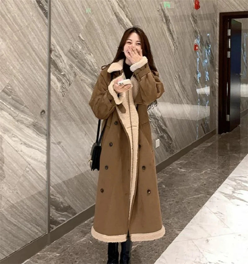 2024 Autumn Winter New Medium Long Double-breasted Lambswool Suede Woolen Coat Women Add Velvet Padded Warm Fur One Woolen Coats RT220