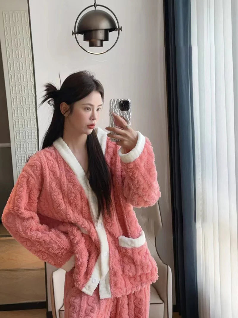 2pcs/Set Autumn And Winter Pajamas Women Thickened Padded Warm Students Coral Girls Clot Velvet Suit Homewear Cardigan Trousers RT220