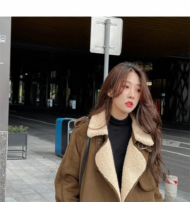 2024 Autumn Winter New Medium Long Double-breasted Lambswool Suede Woolen Coat Women Add Velvet Padded Warm Fur One Woolen Coats RT220