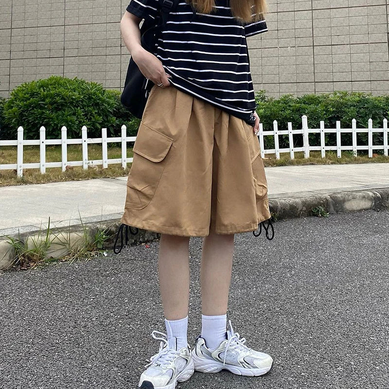 Rimocy Summer Knee Length Cargo Shorts Women 2025 Bf Harajuku Wide Leg Shorts Woman Streetwear Pockets Baggy Short Pants Female RT220