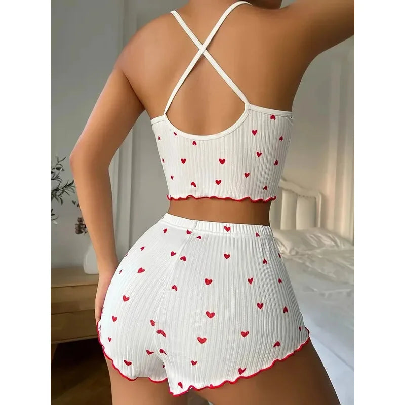 Sleepwear Women Pajamas Set Heart Print Soft Ribbed Fabric with Flirty Frill Trim Casual Cami Top and Shorts Sets Loungewear RT220