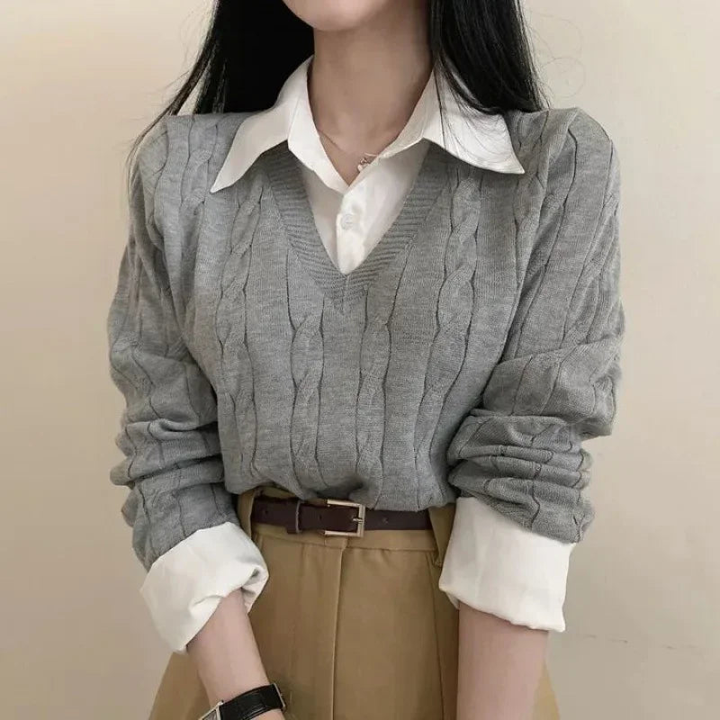 Korean Chic Spring and Autumn Age-Reducing Sweaters Retro Temperament Preppy Fake Two Pieces Shirts Twist Knit Women's Y2k Tops RT220