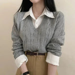 Korean Chic Spring and Autumn Age-Reducing Sweaters Retro Temperament Preppy Fake Two Pieces Shirts Twist Knit Women's Y2k Tops RT220