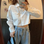 MEXZT Fashion Korean Pocket Cropped Blouse Women Casual Preppy Style Long Sleeve Short Shirt Fall Solid White All-match Y2k Tops RT220