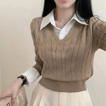 Korean Chic Spring and Autumn Age-Reducing Sweaters Retro Temperament Preppy Fake Two Pieces Shirts Twist Knit Women's Y2k Tops RT220