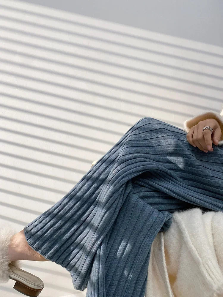 Autumn Winter Casual Thick Knitted Pant Women Long Trousers Elastic High Waist Kniting Wide Leg Pants Striped Pantalon RT220