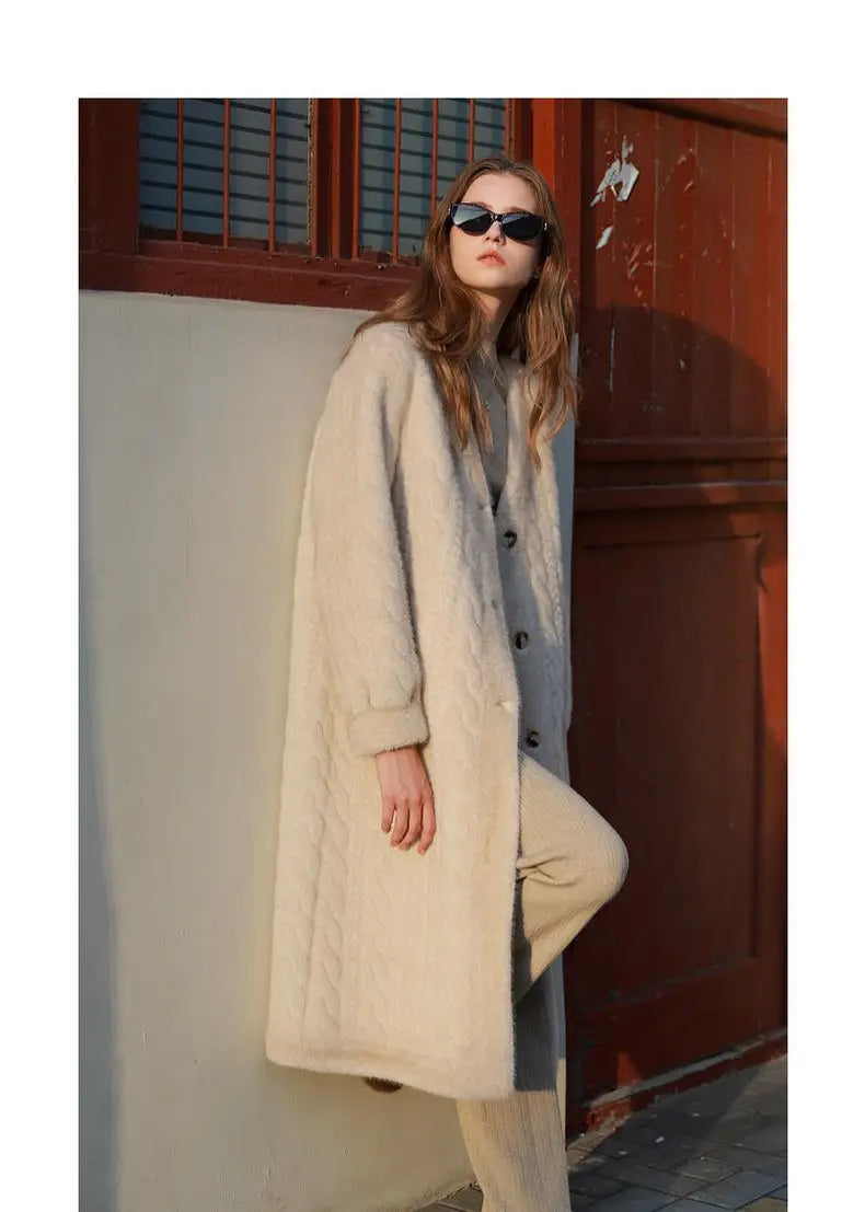 Women Fur Cardigan Thickened Long 2024Autumn Winter V-neck Jacket Female Loose Simple Leisure With Buttons Casual Faux Fur Coat RT220