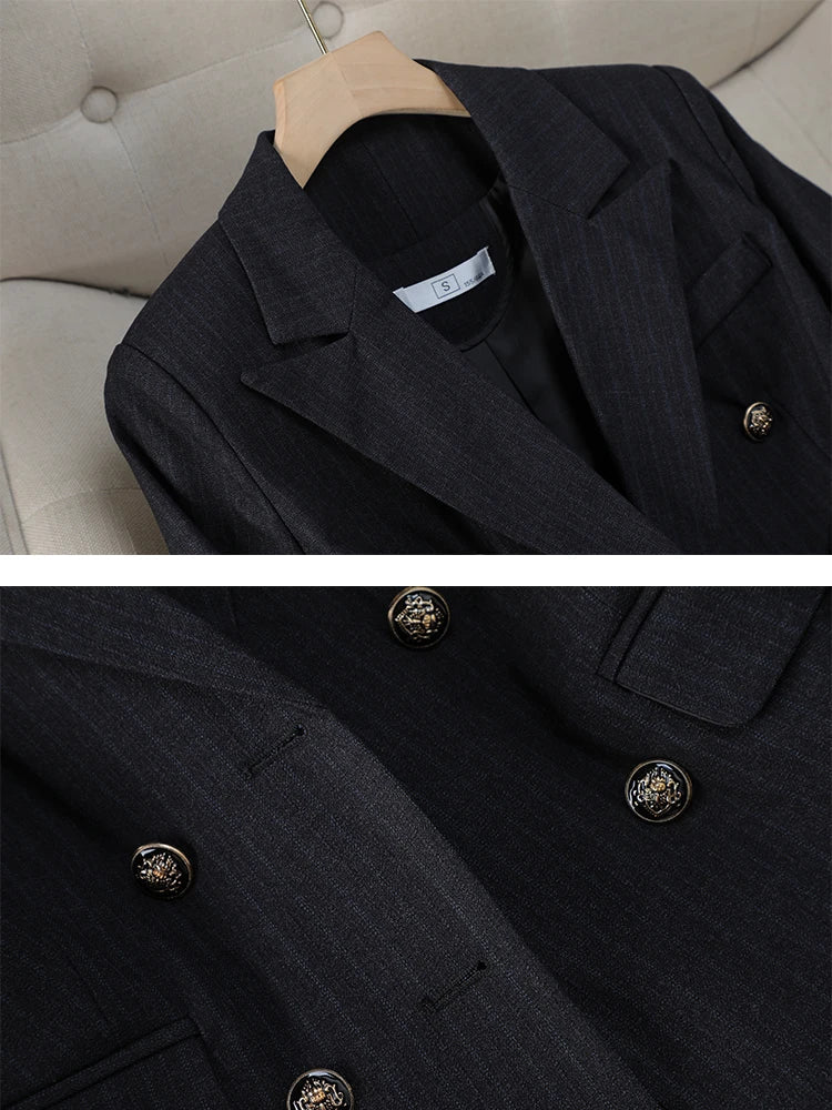 Women Pant Suit Office Ladies Female Business Work Wear 2 Piece Set Black Blue Striped Formal Blazer Jacket And Trouser RT220