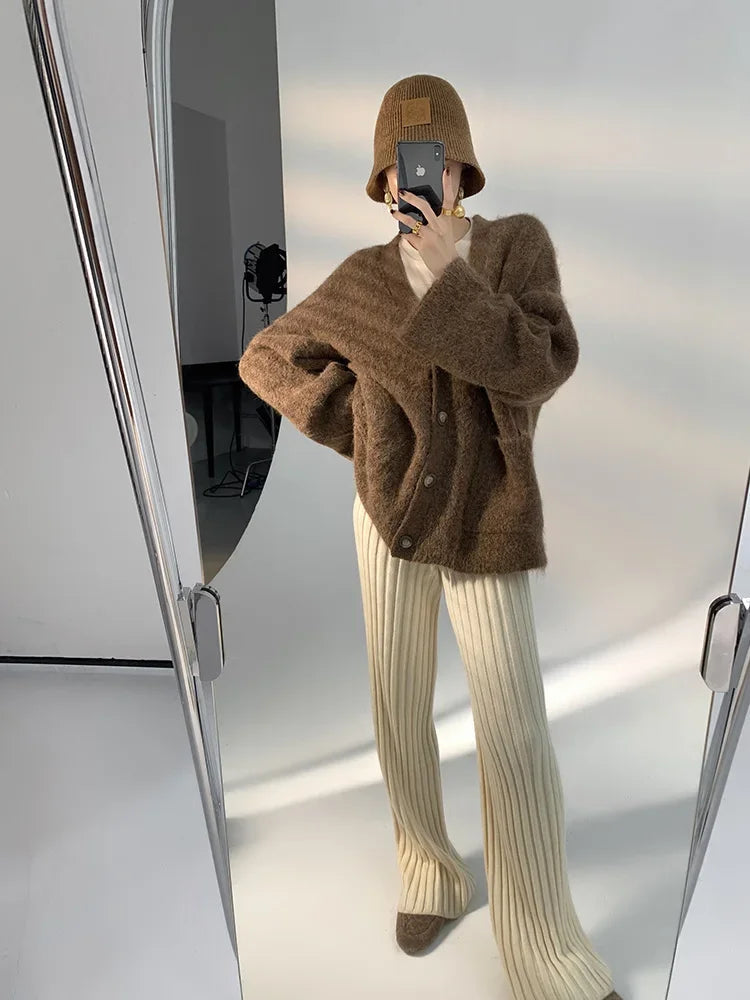 Autumn Winter Casual Thick Knitted Pant Women Long Trousers Elastic High Waist Kniting Wide Leg Pants Striped Pantalon RT220