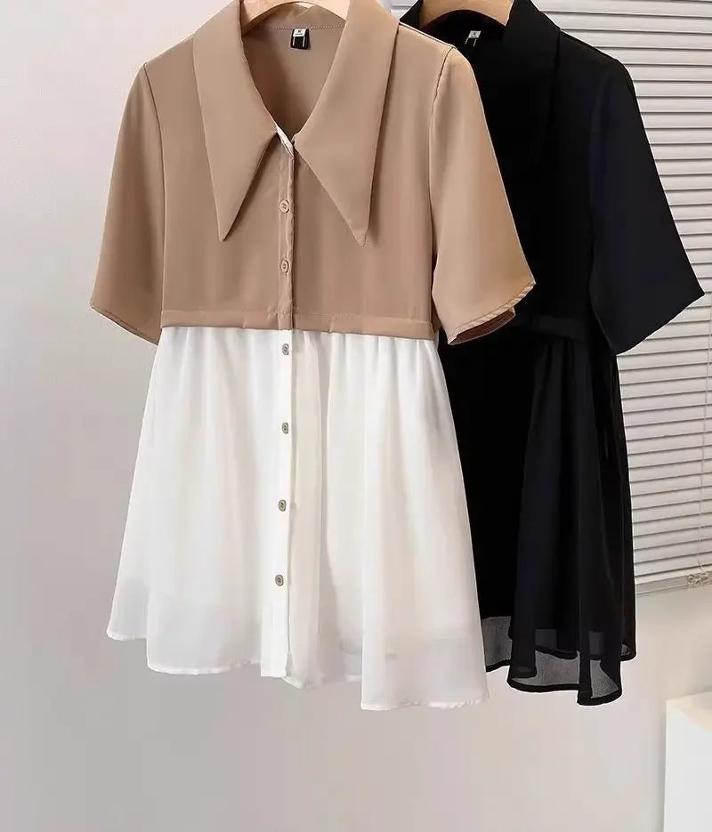 Spliced fake Two-piece Polo Collar Suit Shirt for Women in Summer Loose and Versatile Slim Top RT220