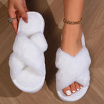 Women’s Cross Band Fur Slippers Indoor Furry Fuzzy Open Toe Shoes Home Cozy Warm Slides Double Straps Slipper Soft Sole Non Slip RT220