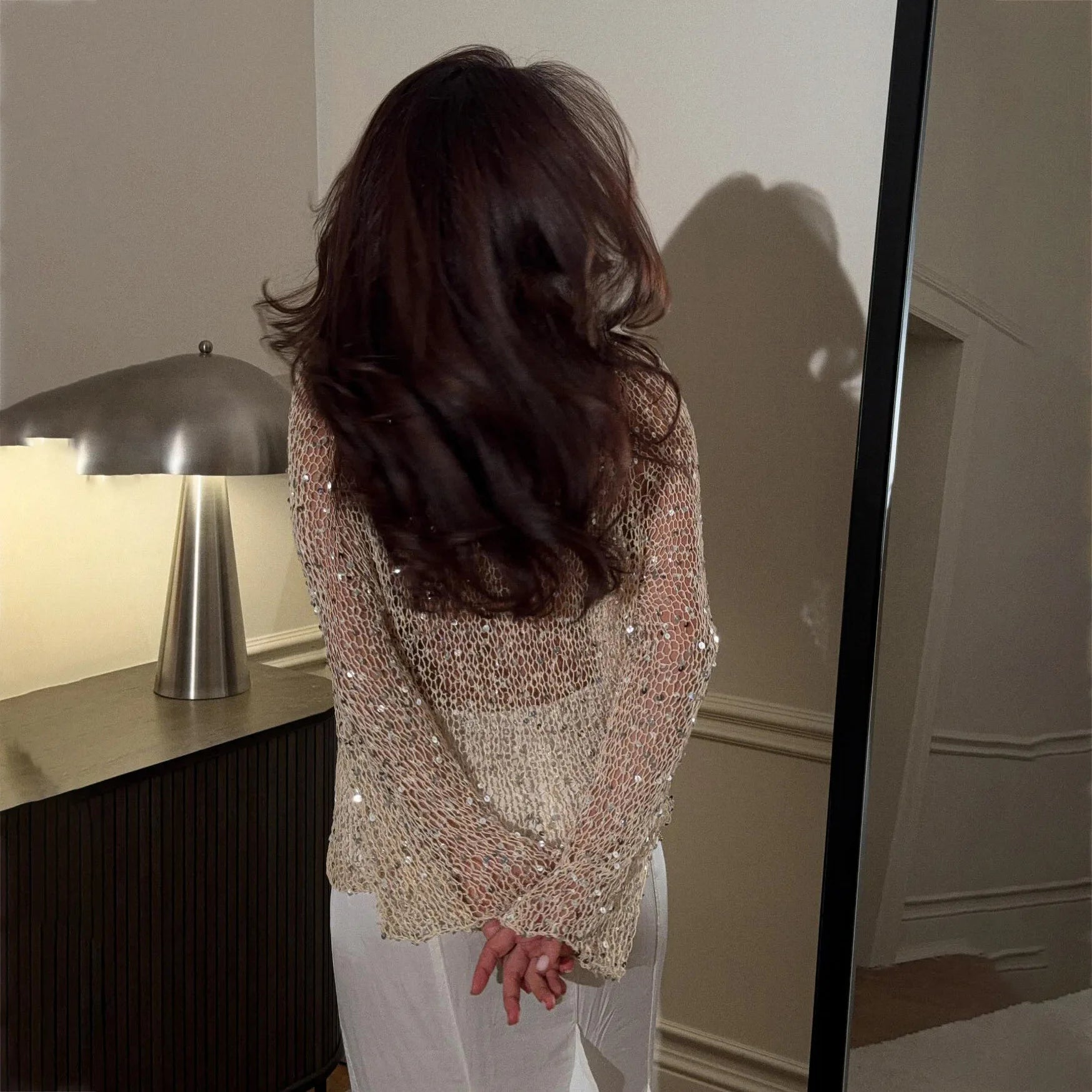 Sequined Knitting O-neck Pullover Women Elegant Hollow Out Design Long Sleeve 2025 Spring Evening Party Tops for Ladies RT220