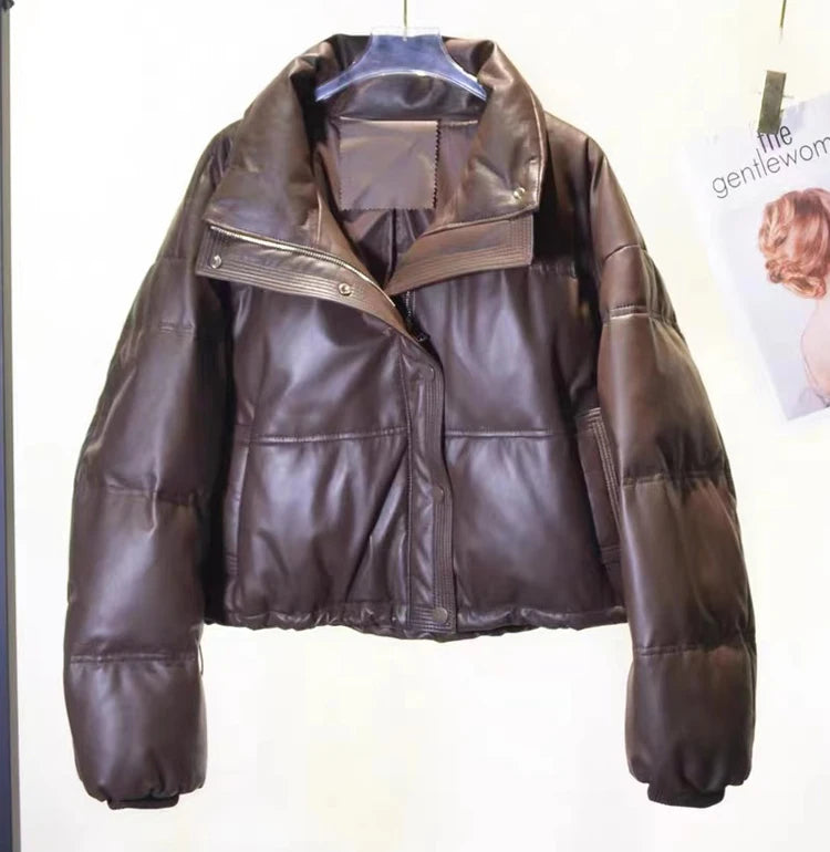 Women Leather Down Jacket Winter 2025 High End Genuine Sheepskin Down Coat Outdoor Thicked Warm Short Puffer Jacket Streetwear RT220