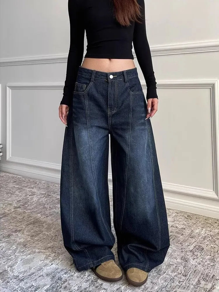 2025 Ropa Y2K Fashion Letter Embroidery Vintage Dark Blue Baggy Jeans Pants Women Clothing New Rock Wide Leg Lady Denim Trousers RT220
