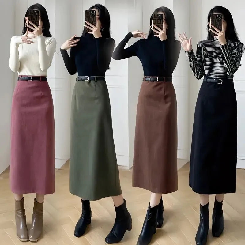 New Arrival Women's Corduroy Skirt Medium-Length A- Line High-Waisted Slimming Straight Skirt With Side Slit For Autumn/Winter RT220