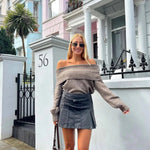 TRAFZA Women's Fashion Solid Off Shoulder Sweaters Casual Long Sleeve Folding Slim Fit Pullover Autumn Female Sexy Knitted Tops RT220