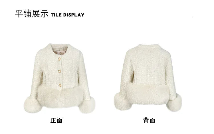 Autumn Winter Women's White Imitation Fox Fur Single Breasted Short Jacket New High-Quality Cotton/Non Cotton Wool Coats RT220